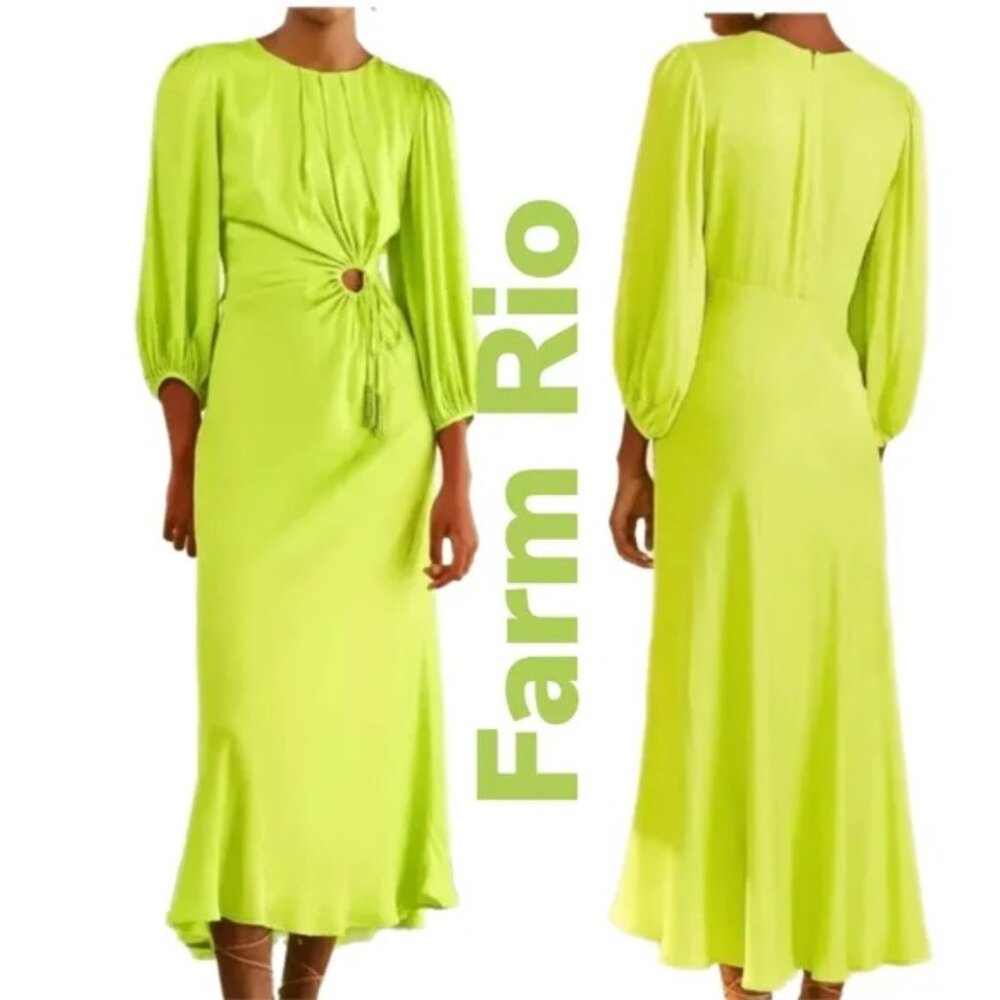 FARM RIO NWOT Piping Cut Out Tassle Satin Midi Dress Size XS Lime Green
